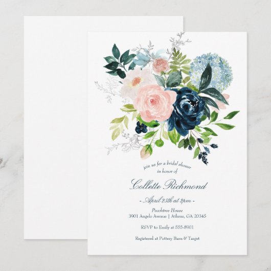 Blush Navy Floral Vrijgezellenfeest Kaart (Voorkant / Achterkant)