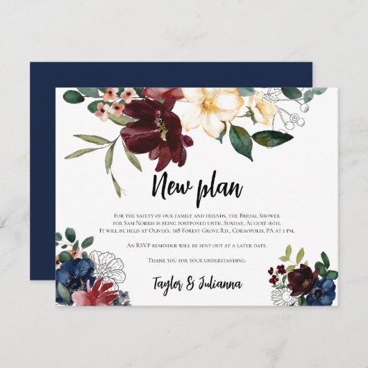 Blush Navy Floral Vrijgezellenfeest uitstel Kaart (Voorkant / Achterkant)