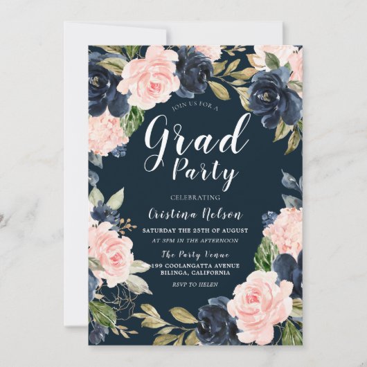 Blush Navy Floral Wreated Afstudeerder Party Afstu Kaart (Voorkant)