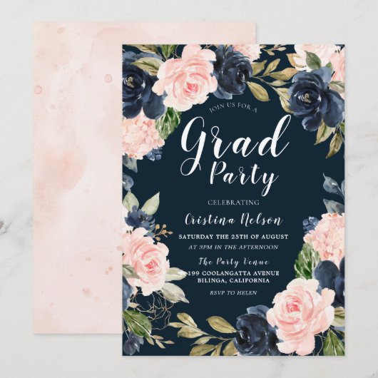 Blush Navy Floral Wreated Afstudeerder Party Afstu Kaart (Voorkant / Achterkant)