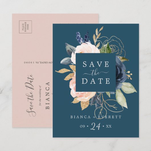 Blush & Navy Flowers Blue Save the Date Briefkaart (Voorkant / Achterkant)