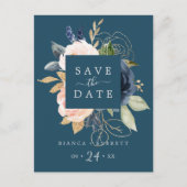 Blush & Navy Flowers Blue Save the Date Briefkaart (Voorkant)