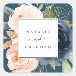 Blush & Navy Flowers Blue Wedding Envelope Seals Vierkante Sticker