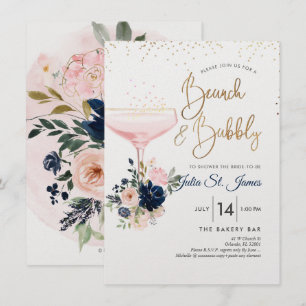 Blush+Navy Flowers Brunch Bubble Pink Champagne Kaart