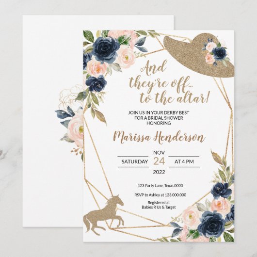 Blush & Navy Flowers Kentucky Derby Vrijgezellenfe Kaart (Voorkant / Achterkant)