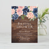 Blush & Navy Flowers Rustic Wood Vrijgezellenfeest Kaart (Staand voorkant)