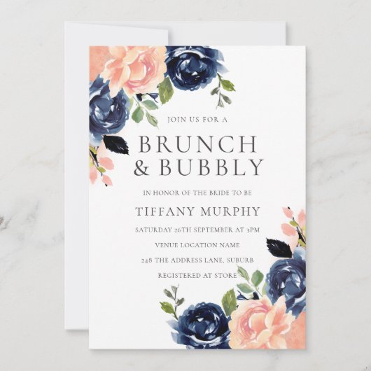 Blush & Navy Flowers Vrijgezellenfeest Brunch & Bu Kaart (Voorkant)
