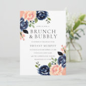 Blush & Navy Flowers Vrijgezellenfeest Brunch & Bu Kaart (Staand voorkant)