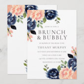 Blush & Navy Flowers Vrijgezellenfeest Brunch & Bu Kaart (Voorkant / Achterkant)