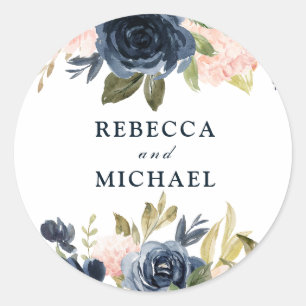 Blush & Navy Flowers Wedding or Engagement Party Ronde Sticker