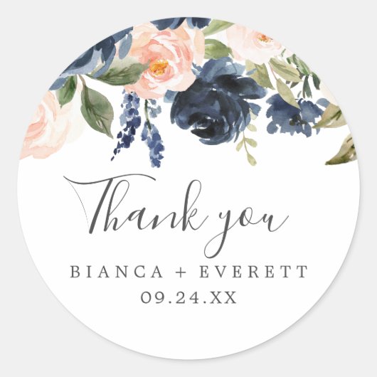 Blush & Navy Flowers White Dank je wel voor Sticke Ronde Sticker (Voorkant)