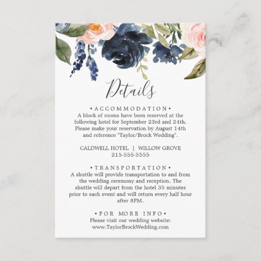 Blush & Navy Flowers White - Kaart met details (Voorkant)