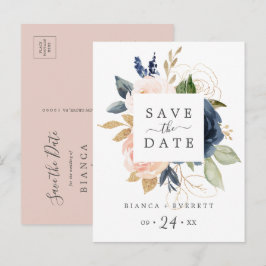 Blush & Navy Flowers White Save the Date Briefkaar Uitnodiging Briefkaart