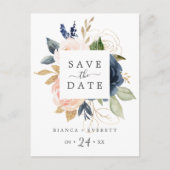 Blush & Navy Flowers White Save the Date Briefkaar Uitnodiging Briefkaart (Voorkant)