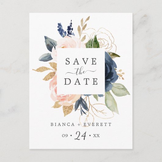 Blush & Navy Flowers White Save the Date Briefkaar Uitnodiging Briefkaart (Voorkant)