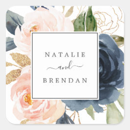 Blush & Navy Flowers White Wedding Envelope Seals Vierkante Sticker
