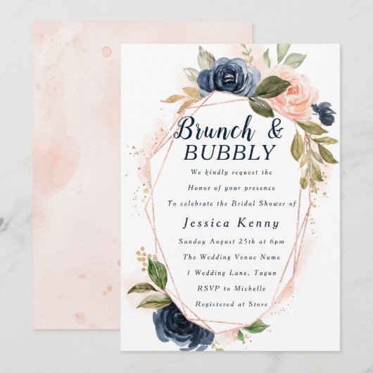 Blush Navy Geometric Vrijgezellenfeest Brunch & Bu Kaart (Voorkant / Achterkant)