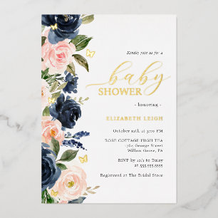 Blush Navy Gold Floral Butterfly Baby shower Folie Uitnodiging