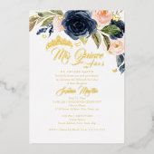 Blush Navy Gold Vlinder Mis Quince Quinceanera Folie Uitnodiging (Voorkant)