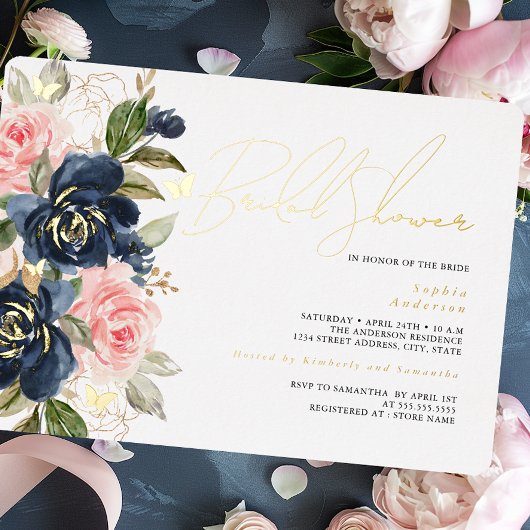 Blush Navy Gold Vlinder Vrijgezellenfeest Folie Uitnodiging