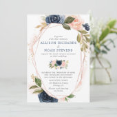 Blush navy goud moderne bloemen waterverven bruilo kaart (Staand voorkant)