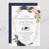 Blush navy goud moderne bloemen waterverven bruilo kaart (Voorkant / Achterkant)