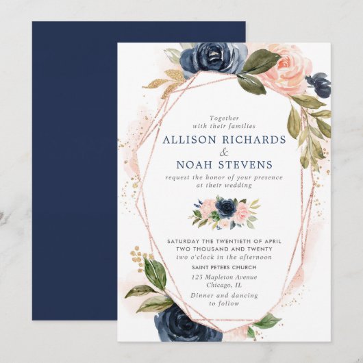 Blush navy goud moderne bloemen waterverven bruilo kaart (Voorkant / Achterkant)