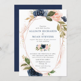 Blush navy goud moderne bloemen waterverven bruilo kaart