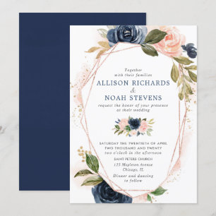 Blush navy goud moderne bloemen waterverven bruilo kaart