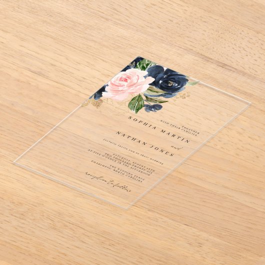 Blush Navy Gouden Waterverf Bloemen Trouwen Acryl Uitnodigingen (Laagn)
