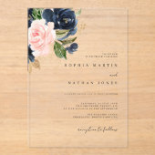 Blush Navy Gouden Waterverf Bloemen Trouwen Acryl Uitnodigingen (Voorkant)