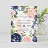 Blush & Navy Hand Painted Waterverf Floral Kaart (Staand voorkant)