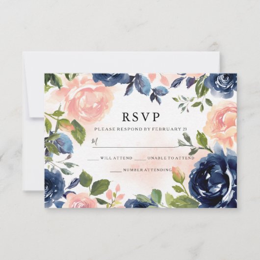 Blush Navy Hand Painted Waterverf Floral Wedding RSVP Kaartje (Voorkant)