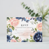 Blush Navy Hand Painted Waterverf Floral Wedding RSVP Kaartje (Staand voorkant)