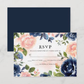 Blush Navy Hand Painted Waterverf Floral Wedding RSVP Kaartje (Voorkant / Achterkant)