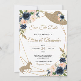 Blush & Navy Kentucky Derby Trouwdag Save The Date Kaart