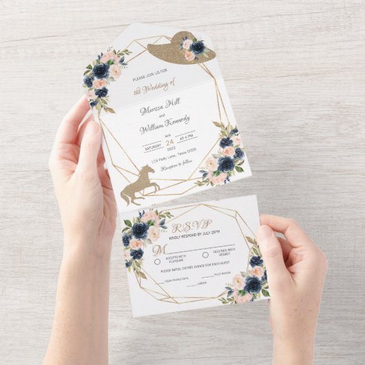 Blush & Navy Kentucky Derby Wedding Invitations All In One Uitnodiging (Afscheurbaar)