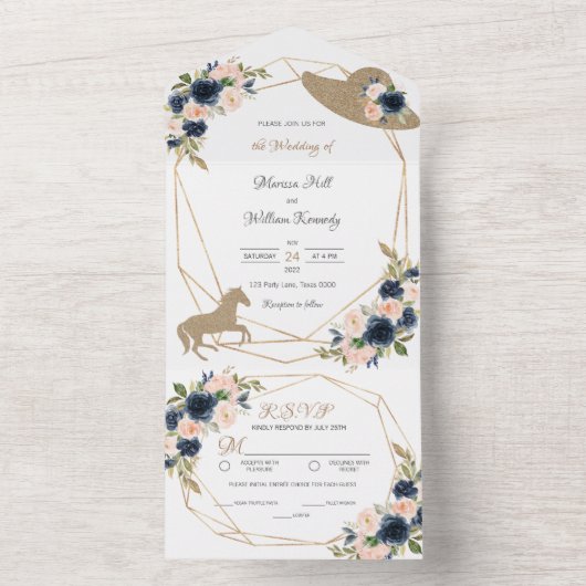 Blush & Navy Kentucky Derby Wedding Invitations All In One Uitnodiging (Binnen)