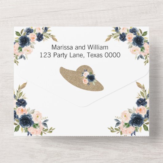 Blush & Navy Kentucky Derby Wedding Invitations All In One Uitnodiging (Achterkant)