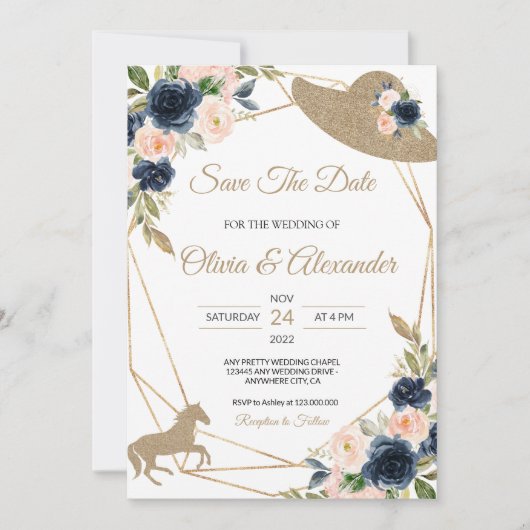 Blush & Navy Kentucky Derby Wedding Save the Date Kaart (Voorkant)