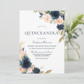 Blush & Navy Peach Flowers Quinceanera Party Kaart (Staand voorkant)