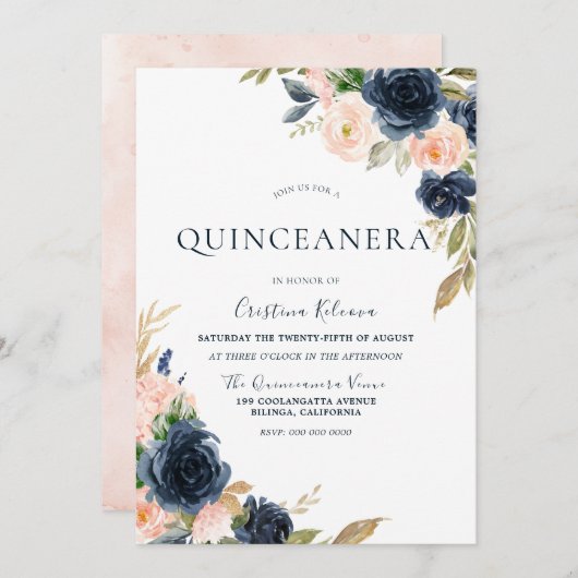 Blush & Navy Peach Flowers Quinceanera Party Kaart (Voorkant / Achterkant)
