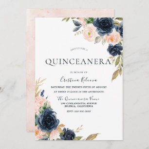 Blush & Navy Peach Flowers Quinceanera Party Kaart