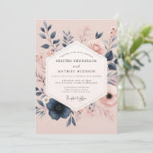 Blush & Navy Poetic Bloom Wedding Kaart (Staand voorkant)