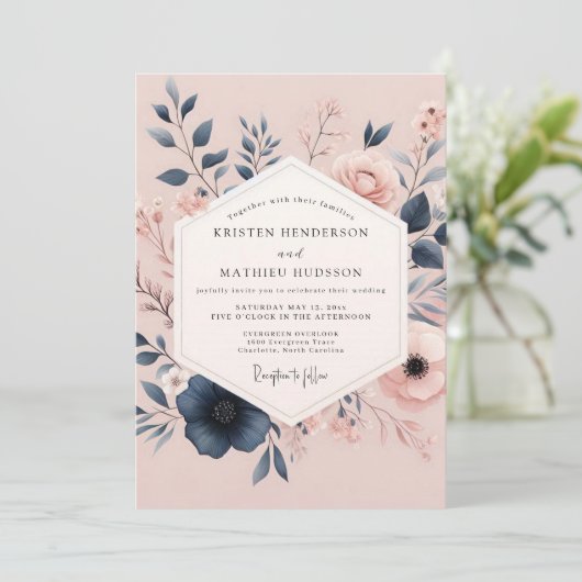 Blush & Navy Poetic Bloom Wedding Kaart (Staand voorkant)