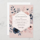 Blush & Navy Poetic Bloom Wedding Kaart (Voorkant / Achterkant)