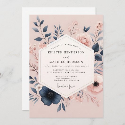 Blush & Navy Poetic Bloom Wedding Kaart (Voorkant / Achterkant)