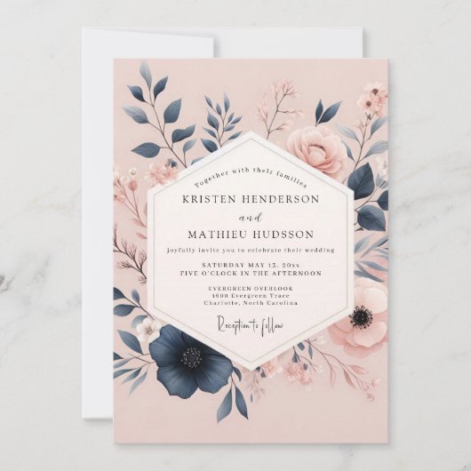 Blush & Navy Poëtische Bruiloftsbloei Kaart (Voorkant)
