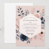 Blush & Navy Poëtische Bruiloftsbloei Kaart (Voorkant / Achterkant)