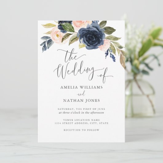 Blush Navy Waterverf Bloem Krans Trouwen Kaart (Staand voorkant)